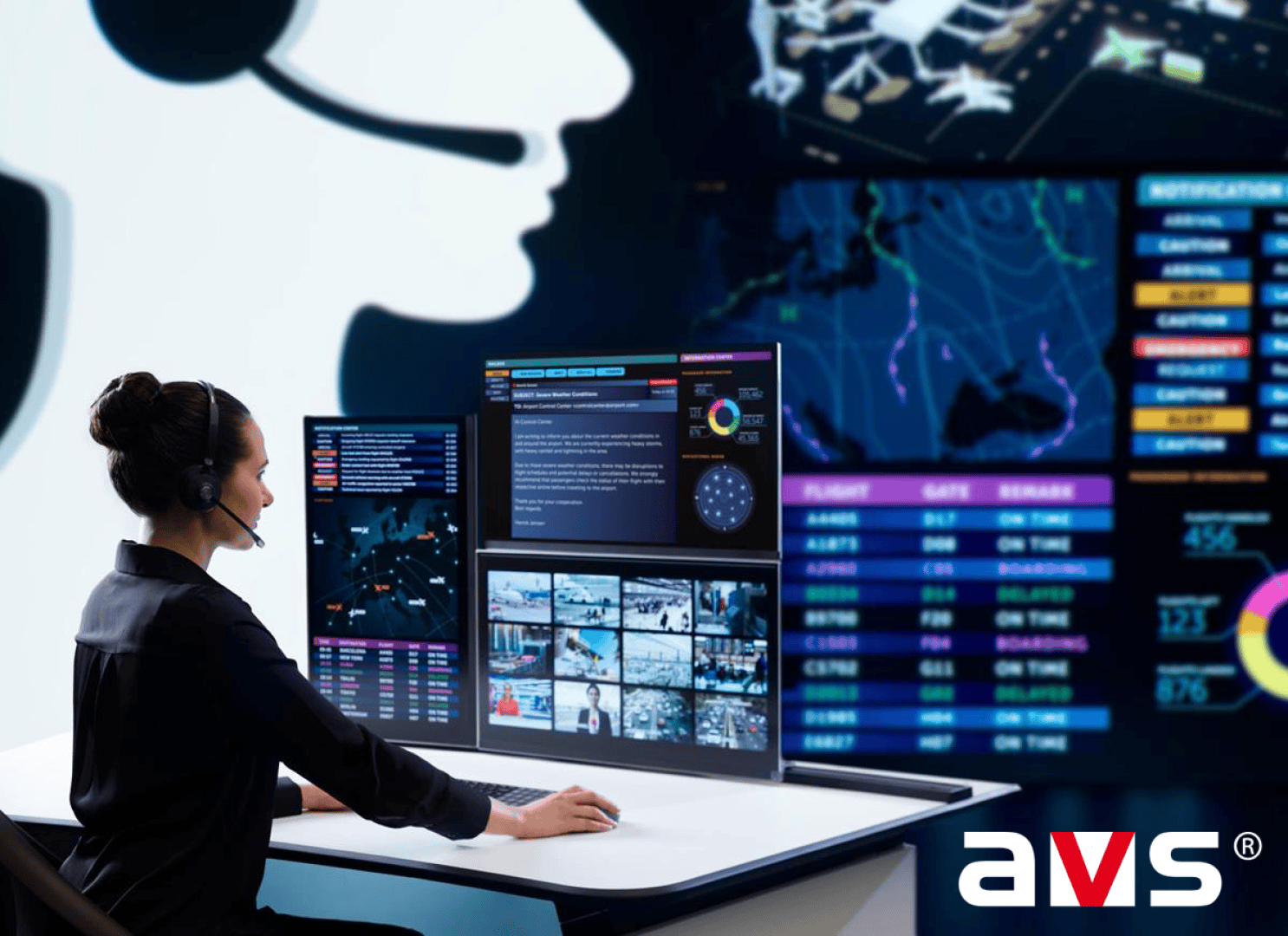 A woman wearing a headset sits at a desk with multiple screens displaying data, maps, and flight information. Large digital displays and the AVS logo are visible in the background, suggesting an operations or control center.