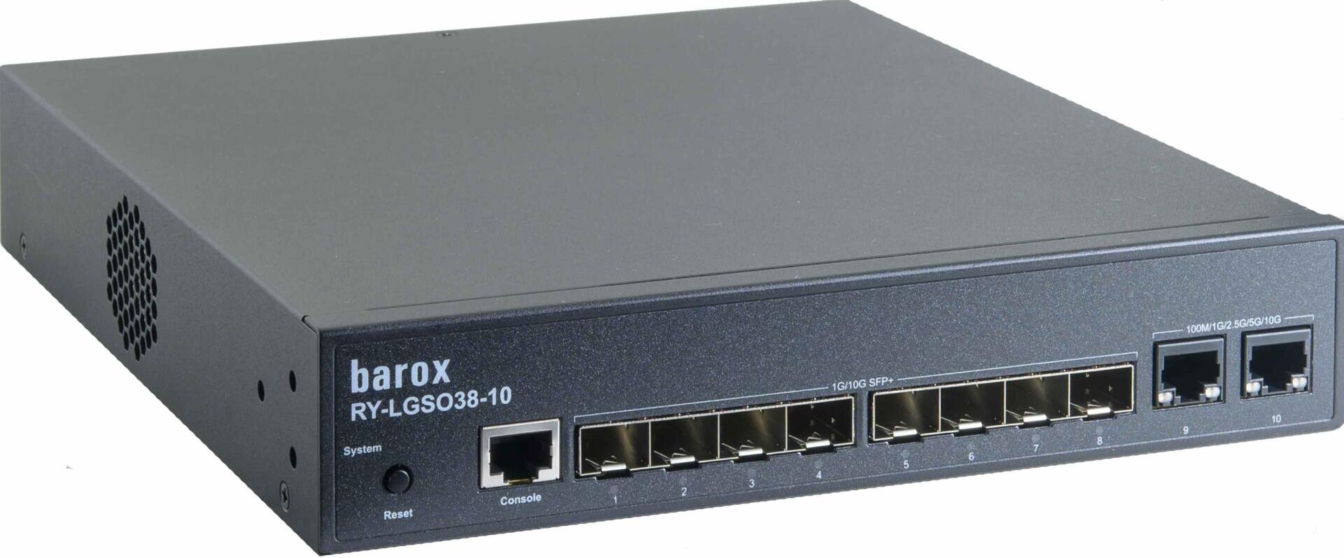 Ein schwarzer Barox RY-LGSO38-10 Netzwerk-Switch mit acht Ethernet-Ports, zwei zusätzlichen Ports, Anzeigeleuchten und einer Reset-Taste an der Vorderseite.