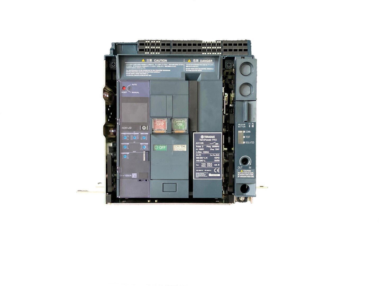 Ein Terasaki AX110S TemPower PRO 1000A Leistungsschalter mit Hand-/Automatikschalter, ON/OFF-Tasten und Test-/Isolationsanzeigen.