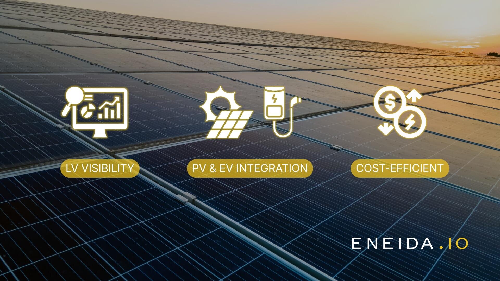 Rows of solar panels with icons and text highlighting the visibility of low voltage installations, PV and EV integration and cost efficiency. The ENEIDA.IO logo appears at the bottom right. Sunlight can be seen in the background.