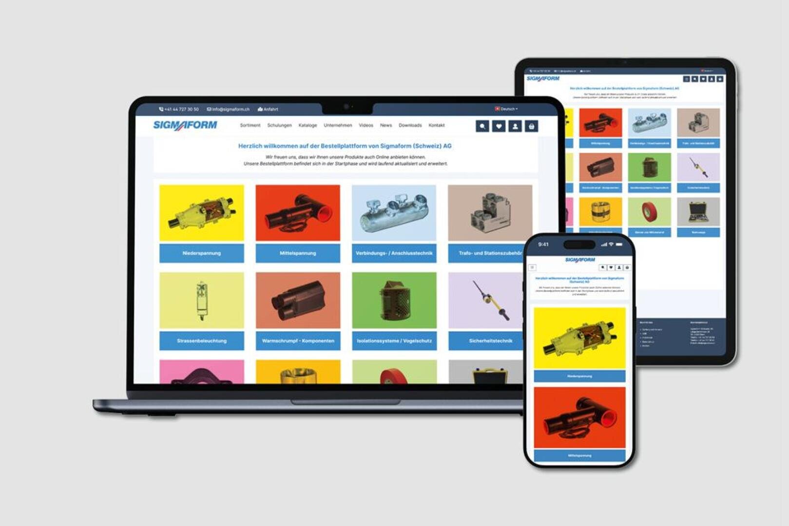 Eine Website mit farbenfrohen Produktkategorien wird auf einem Laptop, einem Tablet und einem Smartphone angezeigt und zeigt ein responsives Design-Layout für verschiedene Geräte.