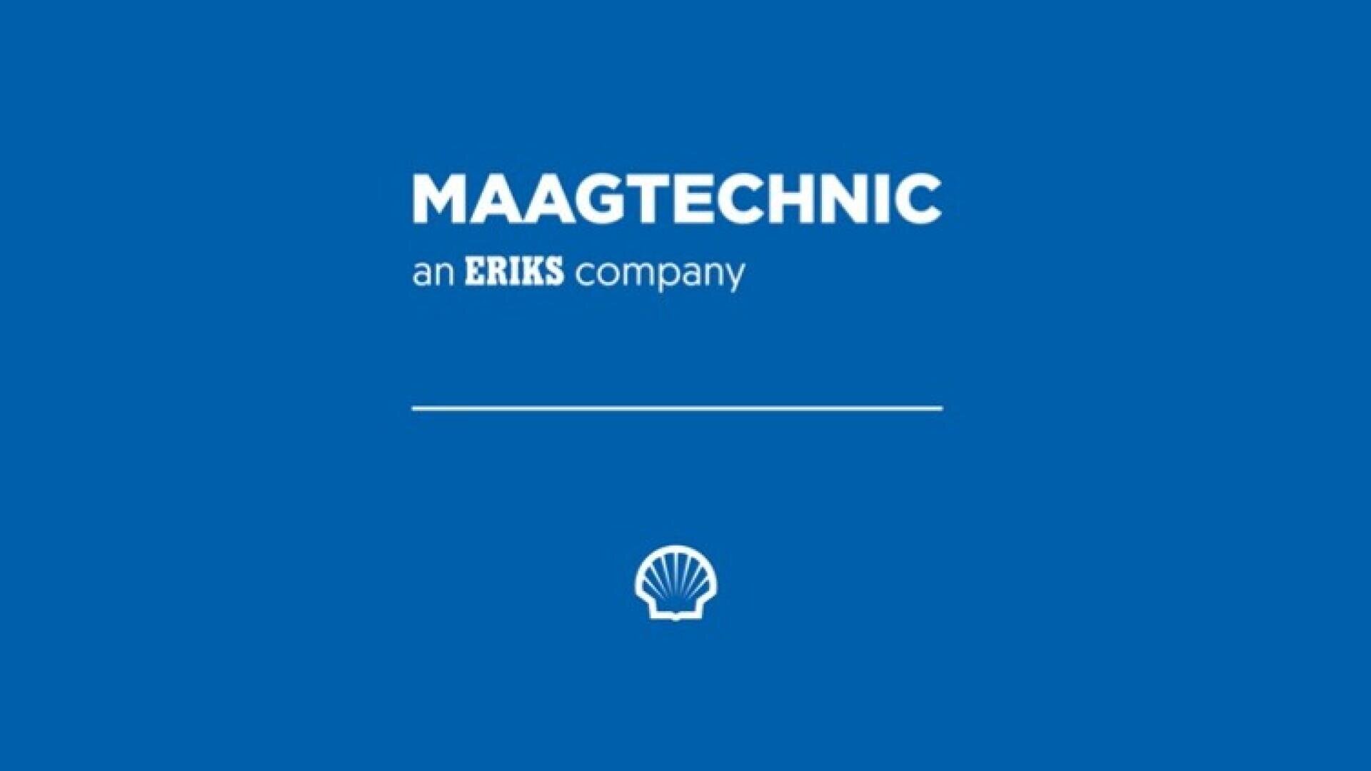 Blue background with the text MAAGTECHNIC an ERIKS company in white, a horizontal white line below, and a small white shell logo at the bottom center.