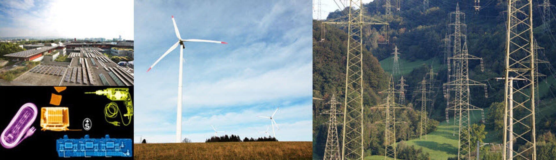 Collage showing a rail yard, wind turbines in a field, power transmission towers on a green hillside, and colorful digital graphics of electrical devices and circuits.