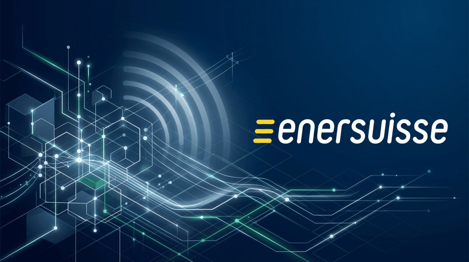 Digitaler abstrakter Hintergrund mit leuchtenden geometrischen Linien und Formen auf der linken Seite und dem enersuisse-Logo mit gelben Balken und weißem Text auf der rechten Seite, alles vor einem dunkelblauen Hintergrund.