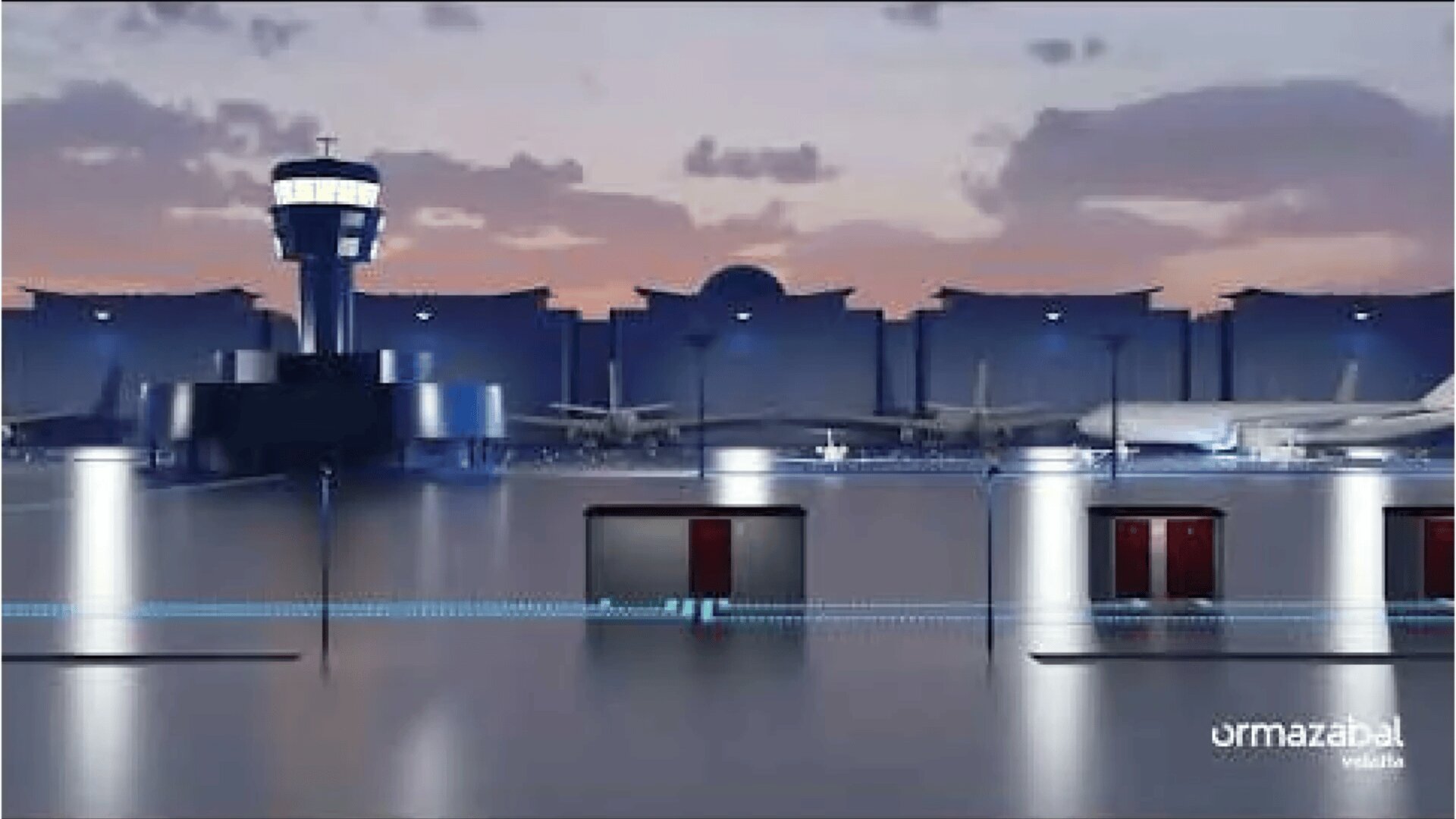 Animated illustration of an airport at dusk, showing an air traffic control tower, terminal building, airplanes parked at gates, and underground utility rooms. The Ormazabal logo appears in the bottom right corner.