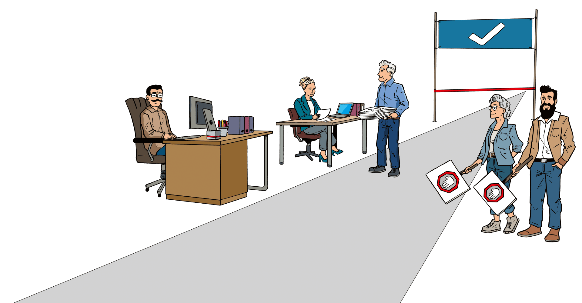 Eine Karikatur mehrerer Erwachsener in einer Büroumgebung: zwei Personen arbeiten an Schreibtischen, ein Mann geht mit Papieren spazieren, und drei andere stehen in der Nähe einer Absperrung und halten Protestschilder mit einem roten Verbotssymbol. Im Hintergrund ist ein großes Häkchen zu sehen.
