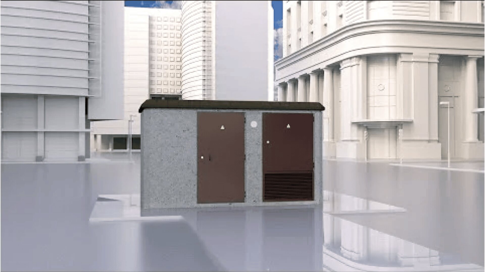 A small, gray utility building with two brown doors stands on a reflective surface amid tall, modern white buildings in an urban setting.