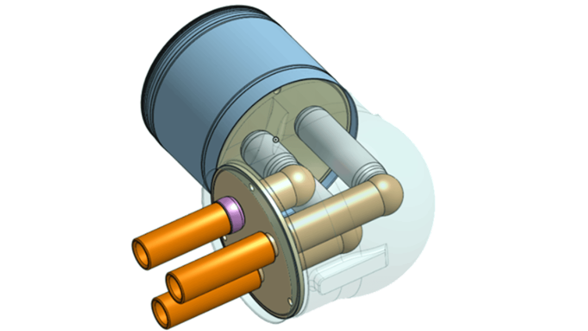 3D-rendered diagram of an internal combustion engine piston assembly, showing the piston, connecting rods, and intake/exhaust ports in orange, set against a white background.