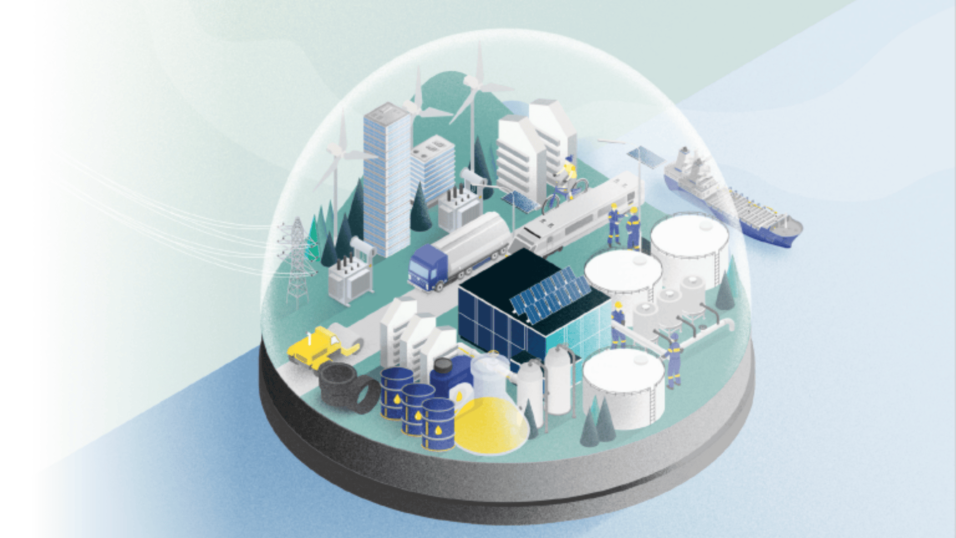 Illustration of an industrial city under a glass dome with factories, storage tanks, wind turbines, office buildings, trucks, barrels and a cargo ship on the water nearby.