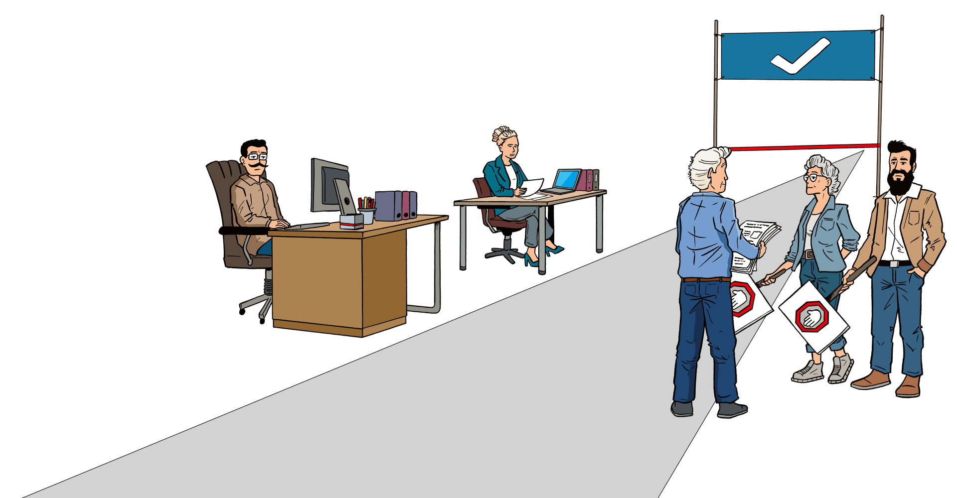 Zwei Personen arbeiten an Schreibtischen auf der linken Seite, während vier andere auf der rechten Seite stehen, zwei von ihnen mit Schildern zur Straßensperrung, darunter ein großes Häkchen, das den Anschein erweckt, als würden sie über die Sperren diskutieren oder sie entfernen.