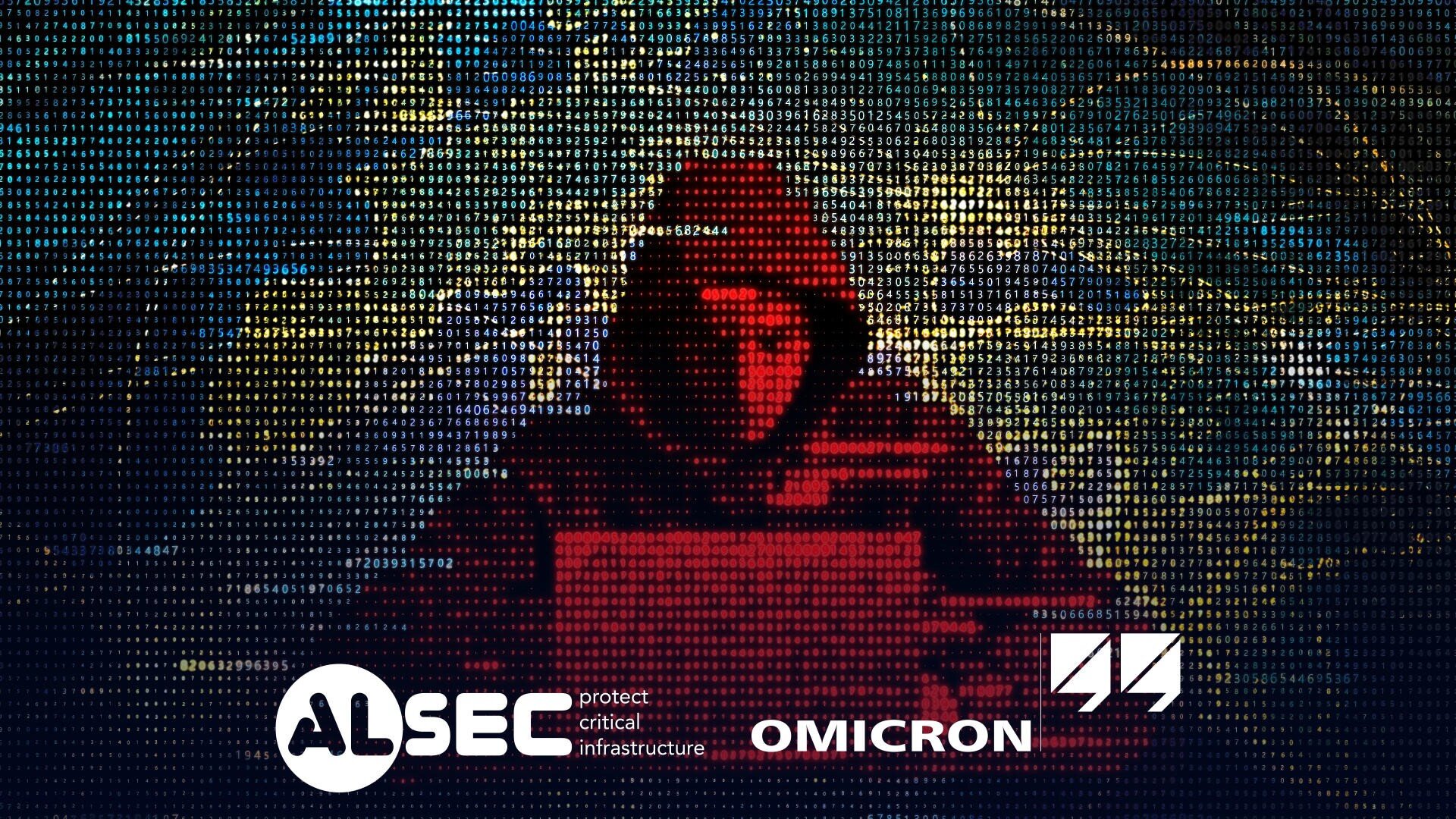 Eine Person mit roter Kapuze und Maske arbeitet an einem Laptop, umgeben von digitalem Code und Netzwerkleitungen. Am unteren Rand des Bildes erscheinen Logos für ALSEC, OMICRON und ein weiteres Unternehmen.