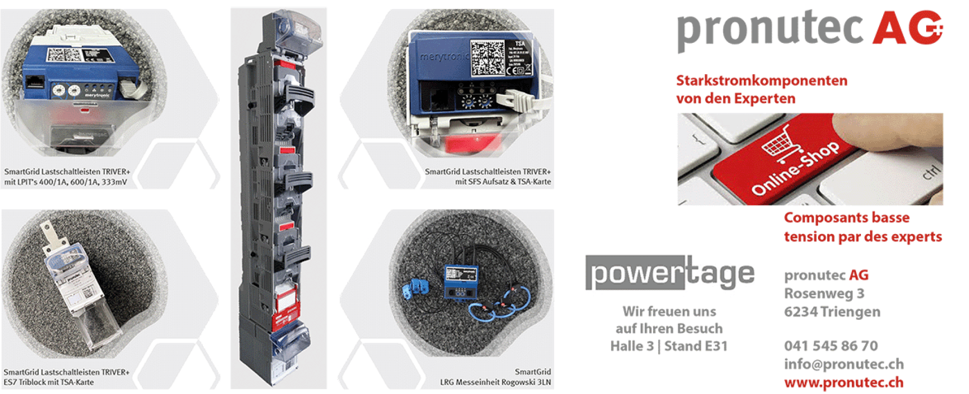 Eine Anzeige der pronutec AG zeigt Bilder von elektrischen Komponenten, einen vertikalen Stromverteiler und die Kontaktdaten des Unternehmens. Der Text hebt die Kompetenz im Bereich Niederspannungskomponenten und die Verfügbarkeit des Online-Shops hervor.