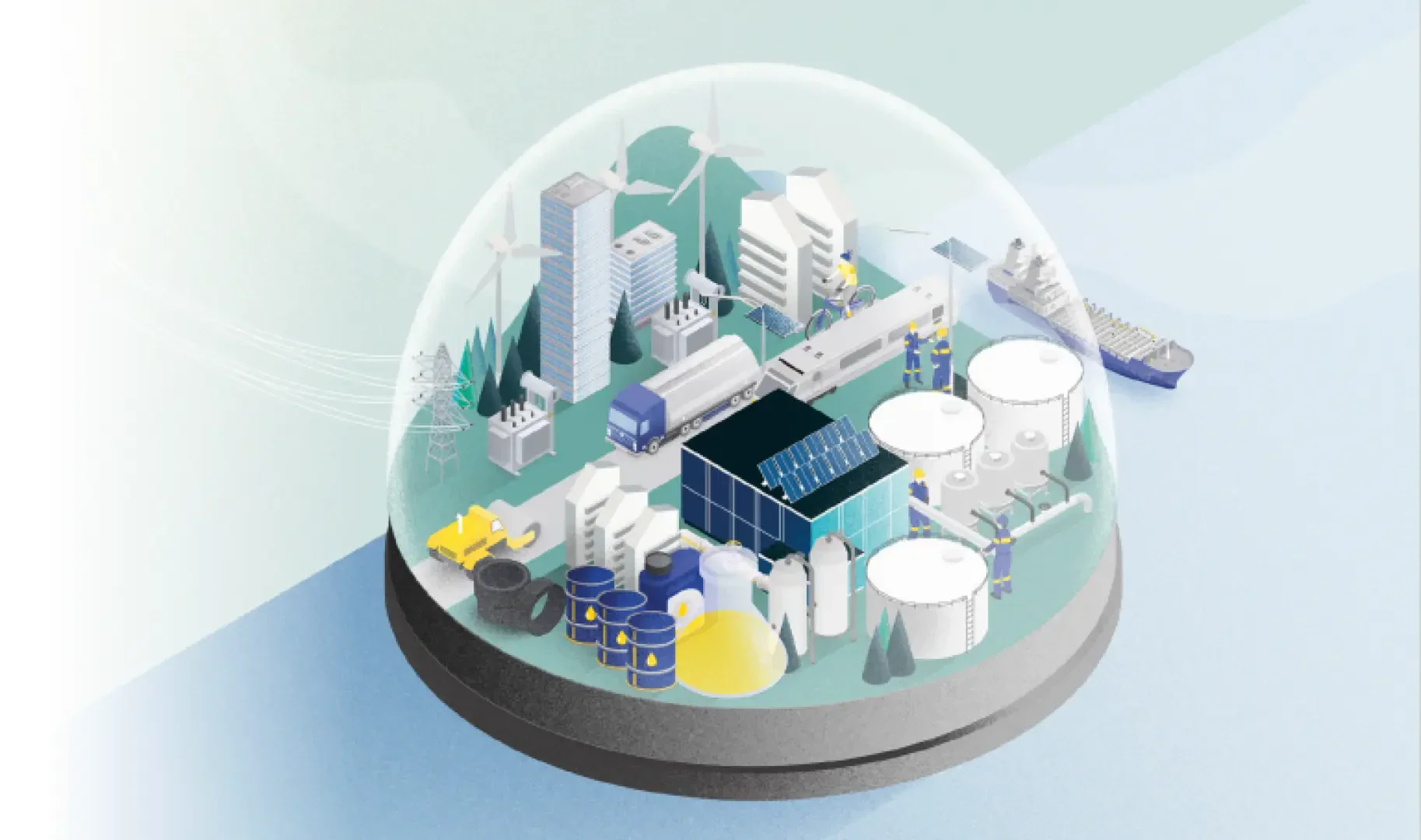 Eine Illustration eines Industriekomplexes unter einer Glaskuppel mit Fabriken, Lagertanks, Windturbinen, Lastwagen und einem Frachtschiff, die ein geschlossenes und miteinander verbundenes industrielles Ökosystem darstellen.