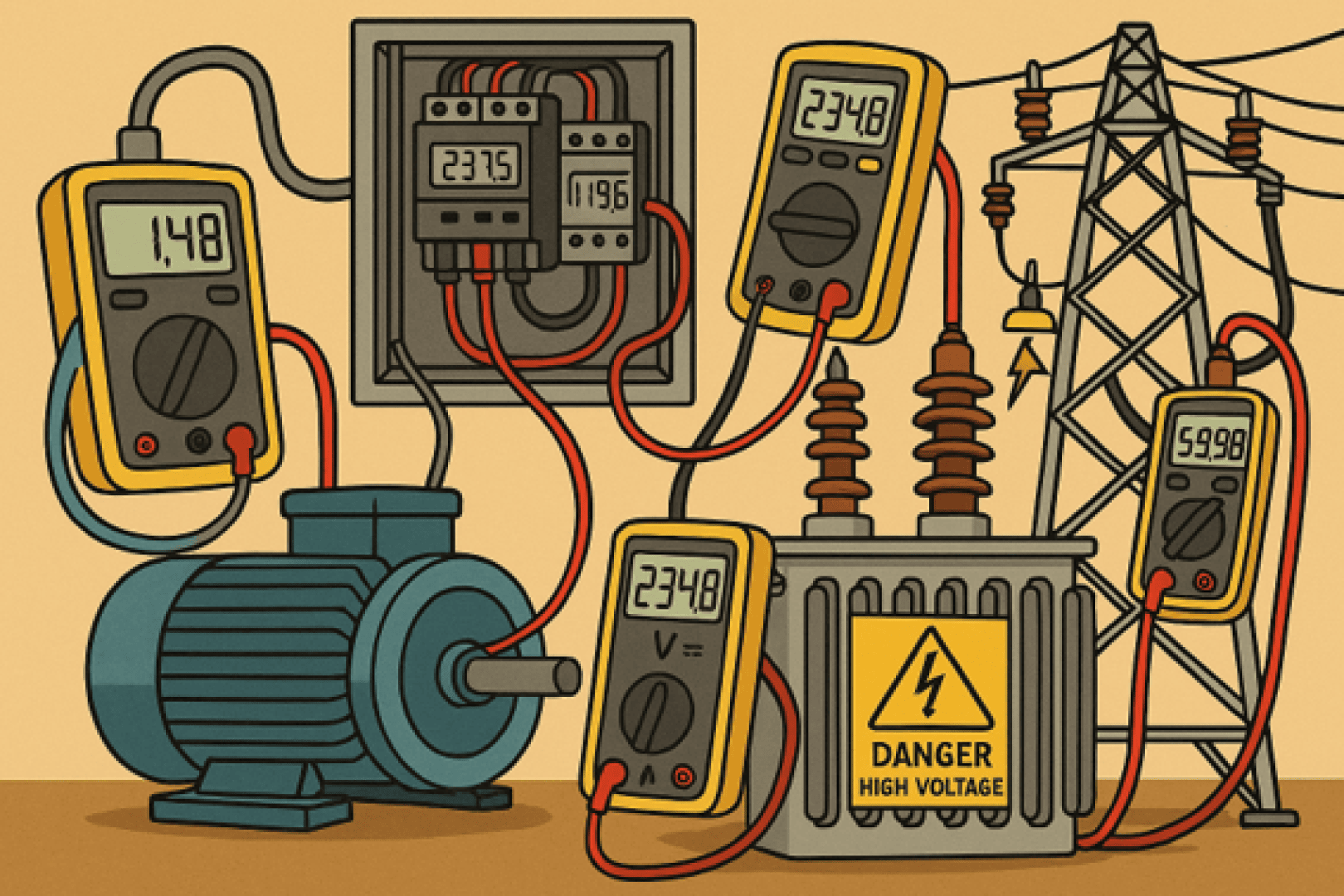 Illustration von elektrischen Messgeräten zur Messung von Spannung und Strom um einen Motor, eine Schalttafel und einen Transformator mit der Aufschrift "Gefahr Hochspannung", mit Stromleitungen und Masten im Hintergrund.