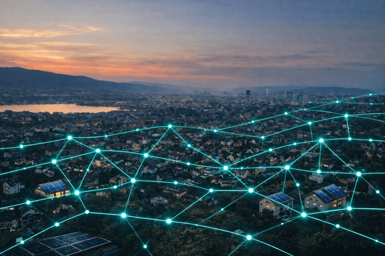 Eine Stadtlandschaft bei Sonnenuntergang mit leuchtenden blauen Linien und Punkten, die ein digitales Netzwerk darstellen, das Gebäude und Häuser miteinander verbindet, einige davon mit Sonnenkollektoren, vor einem See und Hügeln im Hintergrund.