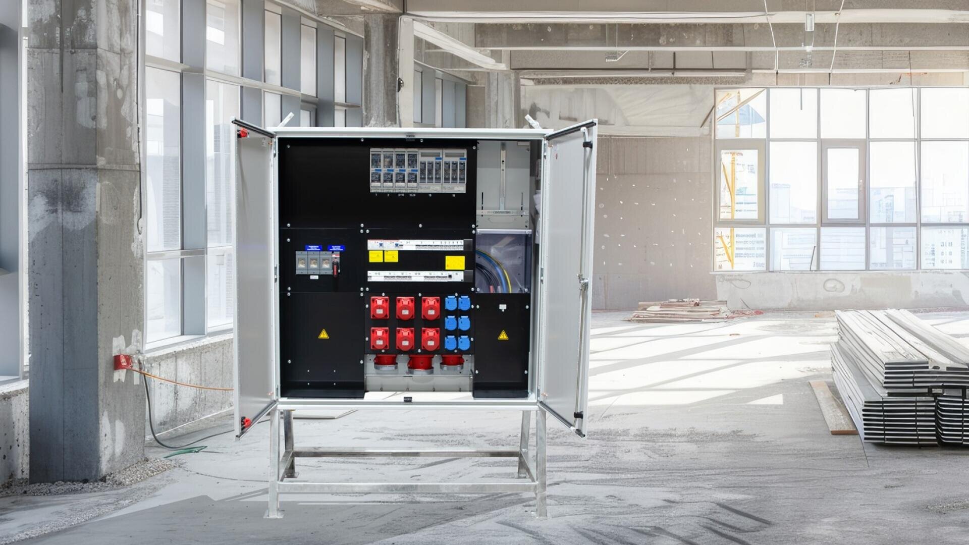 Ein offener Schaltschrank steht inmitten eines hellen, unfertigen Gebäudes im Bau, mit Sichtbetonwänden, großen Fenstern und Stapeln von Metallträgern in der Nähe.
