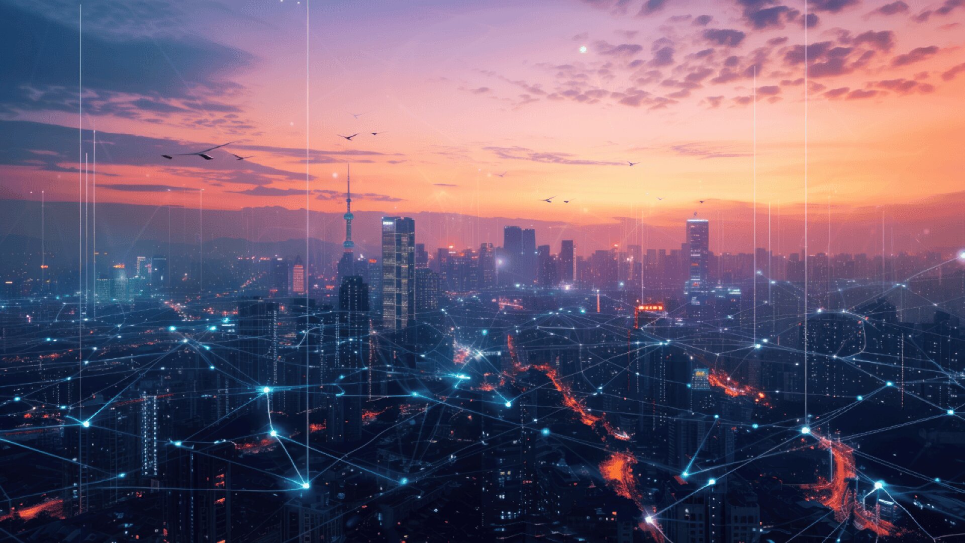A futuristic city skyline at sunset with glowing network lines and nodes connecting buildings, symbolizing digital connectivity and smart technology in an urban environment.