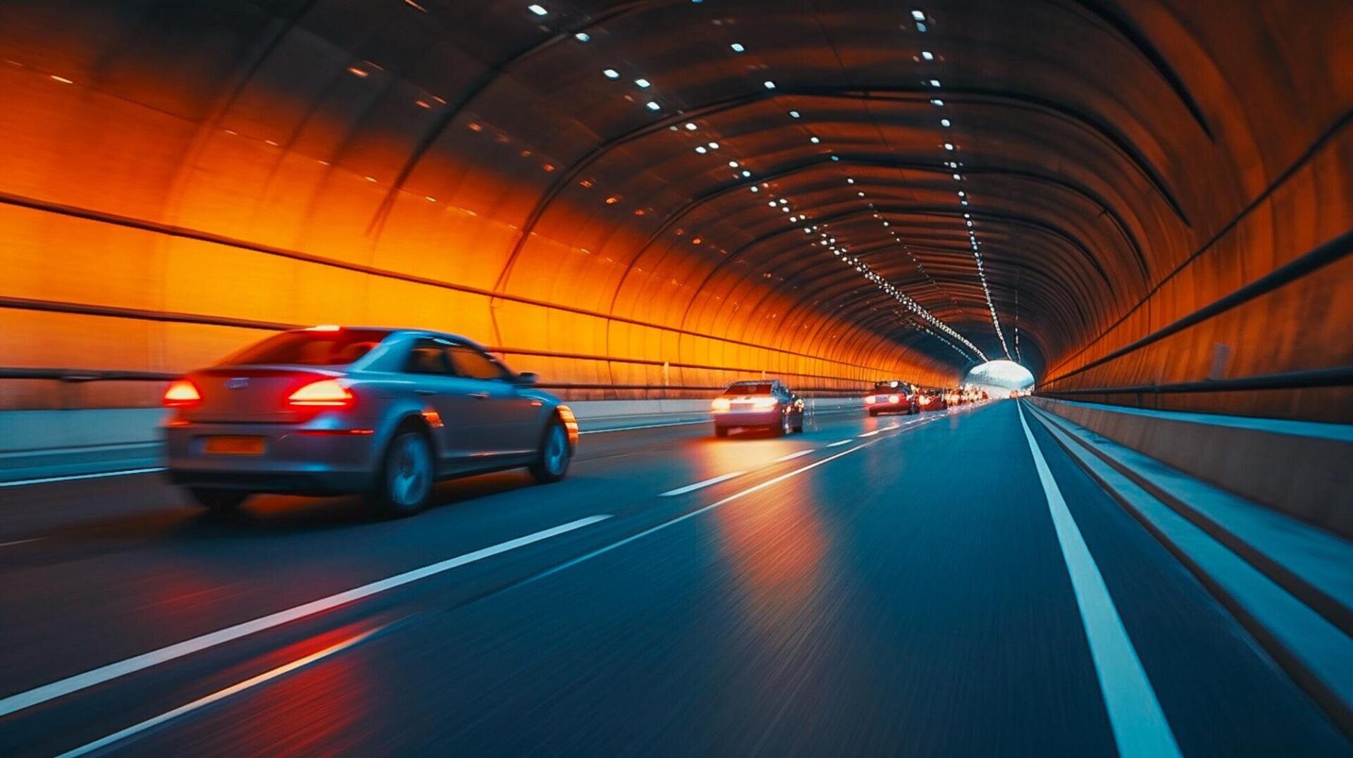 Cars drive through a brightly lit tunnel with orange and blue lights, creating reflections on the road. The image has a sense of motion, with several vehicles heading toward the tunnels bright exit.