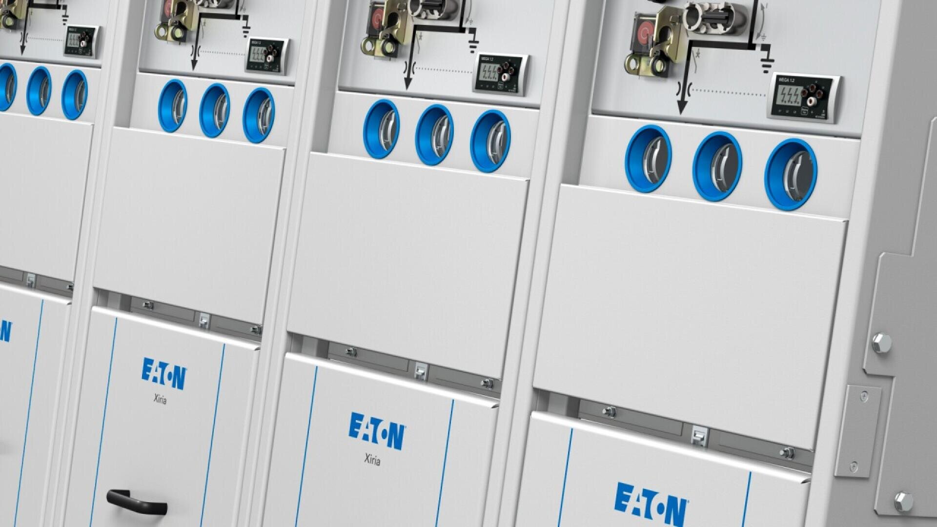 Four white electrical switchgear panels with blue Eaton logos and circular blue-edged dials, featuring various switches, meters, and control components on the upper sections.