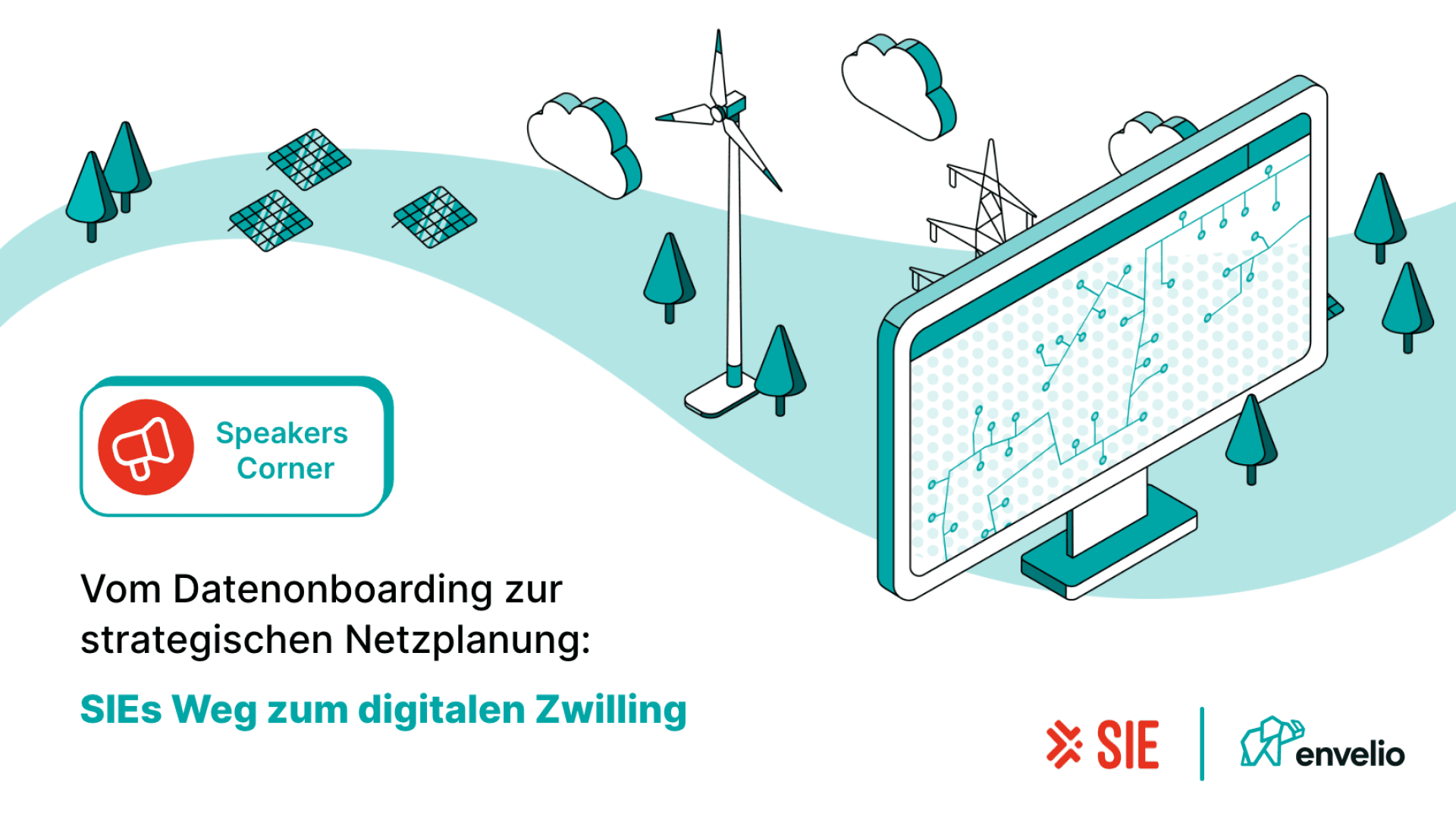 Illustration eines Computermonitors, der eine digitale Netzkarte anzeigt, mit Windrädern und Bäumen im Hintergrund. Der Text in deutscher Sprache behandelt das digitale Onboarding und die Netzplanung. Logos für SIE und envelio sind abgebildet.