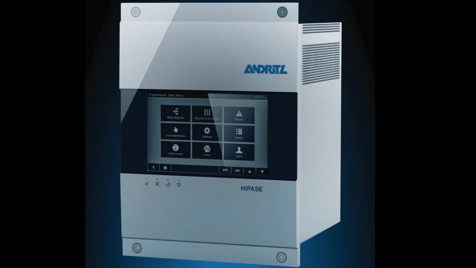 Ein metallisches Bedienfeld mit der Aufschrift ANDRITZ HIPASE mit einem Touchscreen-Display, auf dem verschiedene Betriebssymbole und Statusanzeigen vor einem dunklen Hintergrund angezeigt werden.