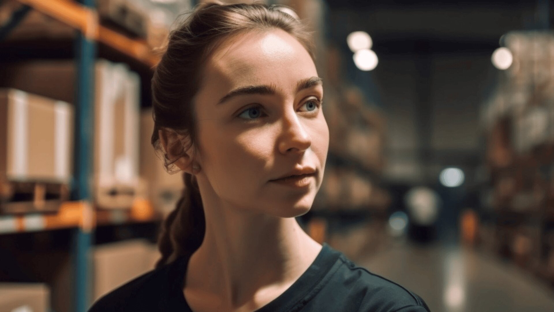 Eine junge Frau mit hellbraunem, zurückgegeltem Haar steht in einem Lagergang und schaut zur Seite. Im unscharfen Hintergrund sind Regale voller Kisten und Pakete zu sehen.