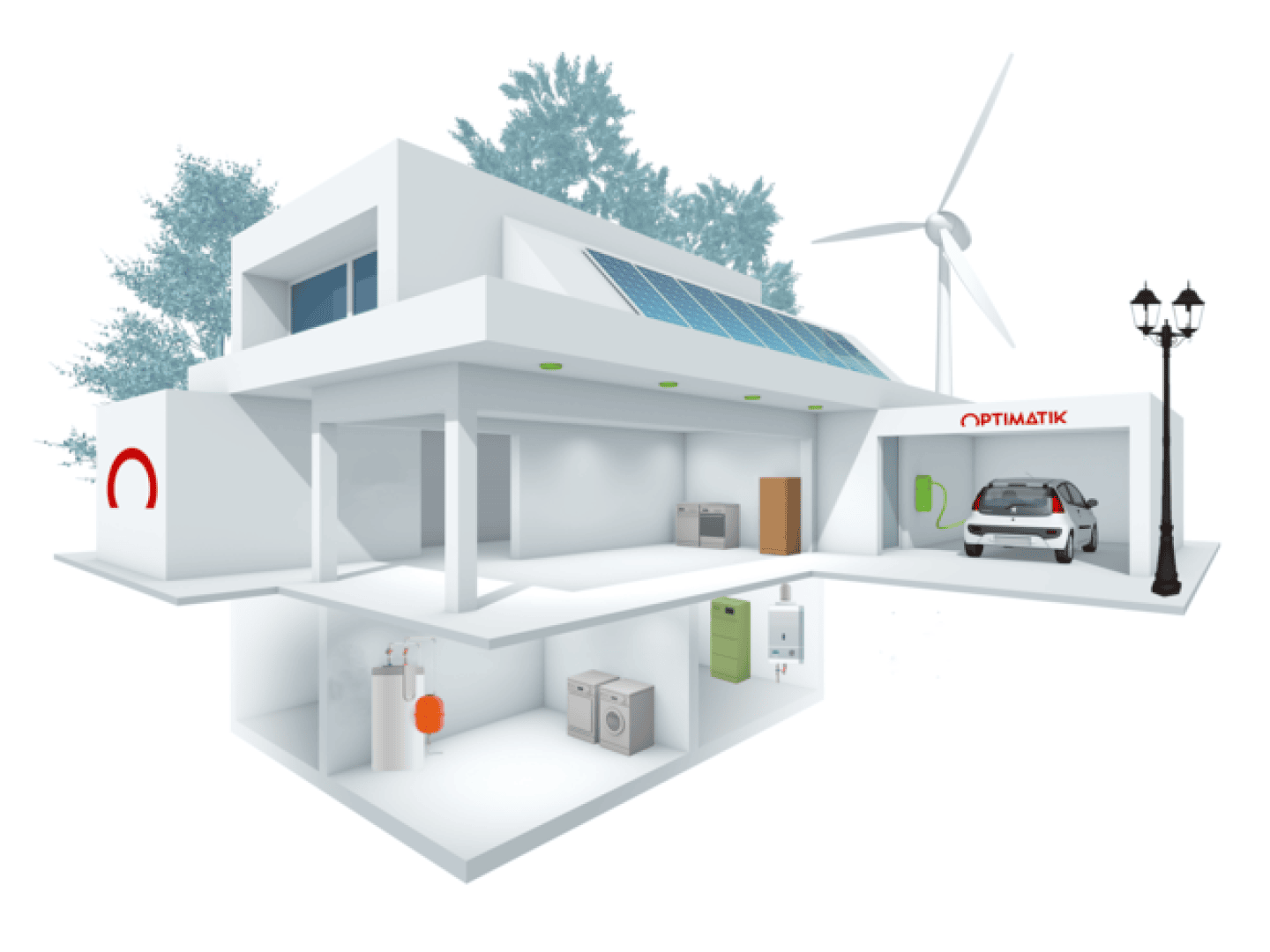 A modern two-story house with solar panels, an electric car charging in the garage, appliances in the basement, and a wind turbine and streetlamp outside, highlighting sustainable energy solutions.