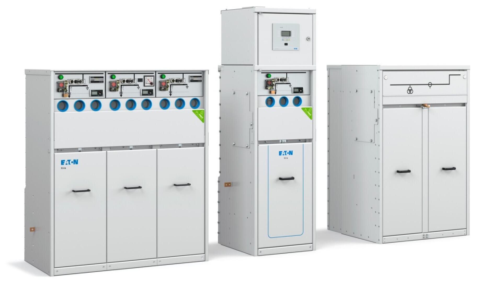 Three white electrical switchgear cabinets with control panels, dials, and handles on the front, featuring Eaton branding, arranged side by side against a plain white background.