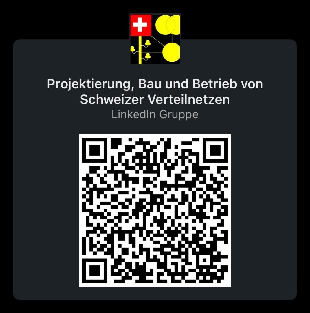 Ein QR-Code für eine LinkedIn-Gruppe mit dem Titel "Projektierung, Bau und Betrieb von Schweizer Verteilnetzen", mit einem Logo mit roten, weißen, gelben und schwarzen Elementen im oberen Bereich.