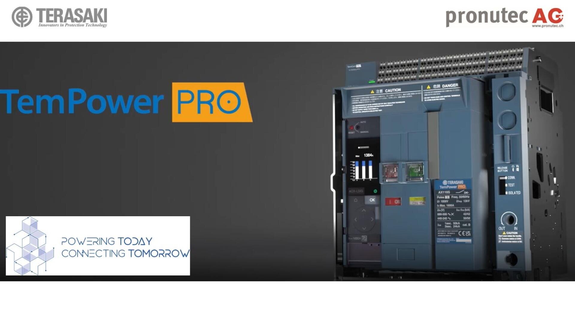 Abgebildet ist ein großer, blauer Terasaki TemPower PRO-Schutzschalter. Oben sind die Logos von Terasaki und Pronutec zu sehen.