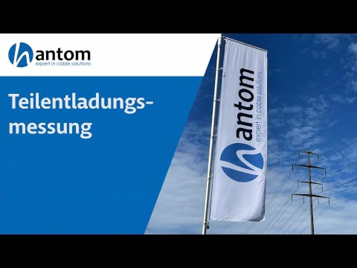 Eine vertikale Flagge mit dem antom-Logo und -Text steht im Freien unter blauem Himmel in der Nähe von Stromleitungen. Auf der linken Seite steht in einem blauen Kasten der Schriftzug antom und Teilentladungs-messung.