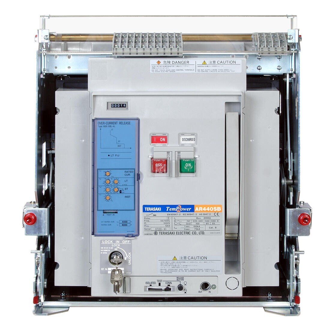 Ein Terasaki TemPower AR440SB-Luftleistungsschalter mit einer Tastensperre und mehreren Anzeigeleuchten und Tasten.