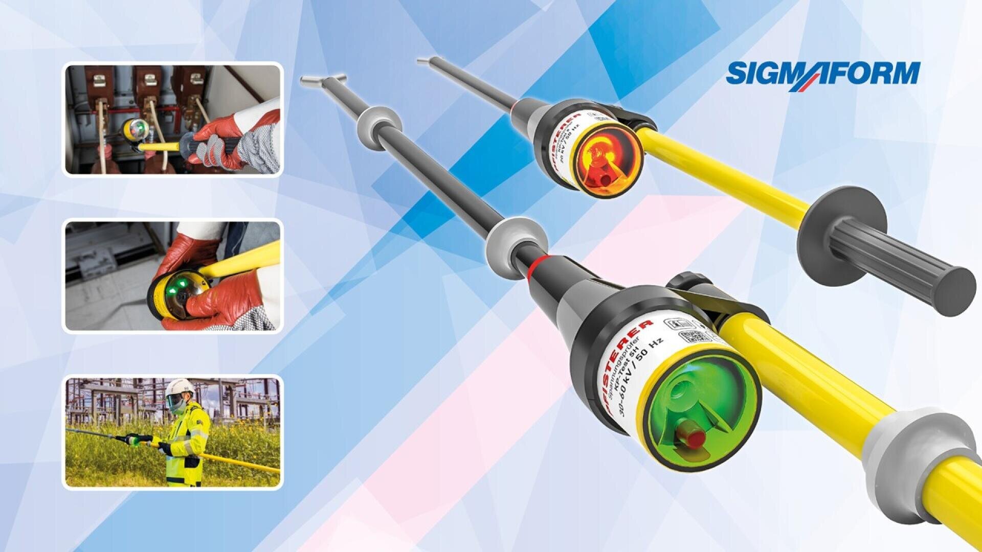 Close-up of insulated voltage detector tools with yellow poles and red-tipped ends, labeled SICHER. Insets show workers using these tools near electrical equipment. SIGMAFORM logo appears on a blue geometric background.