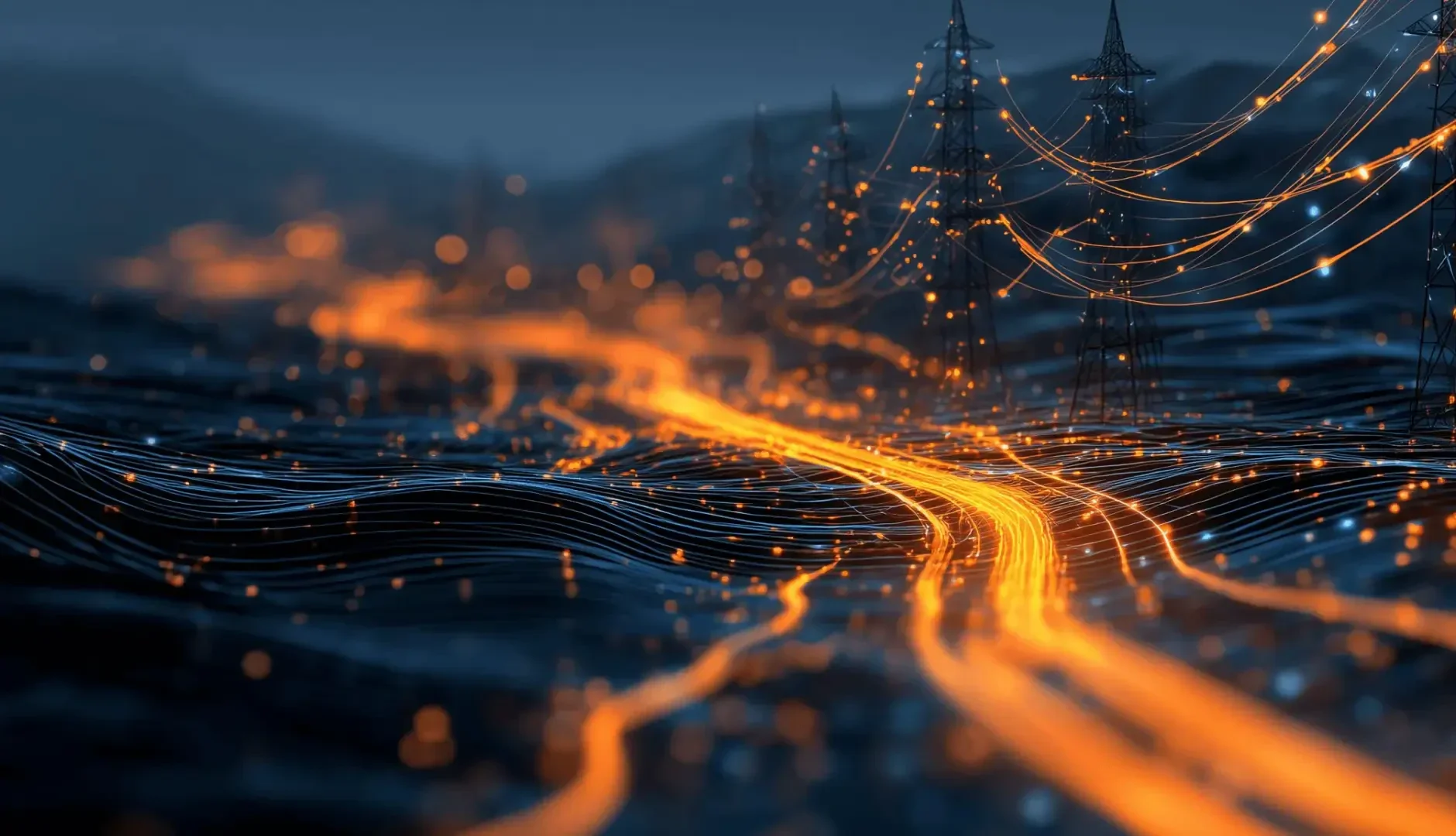 Eine digitale Illustration von Stromleitungen und Masten, die mit orangefarbenen Lichtern leuchten, vor einer dunklen, hügeligen Landschaft. Gekrümmte Linien stellen fließende Energie oder Daten dar und schaffen eine futuristische und dynamische Szene.