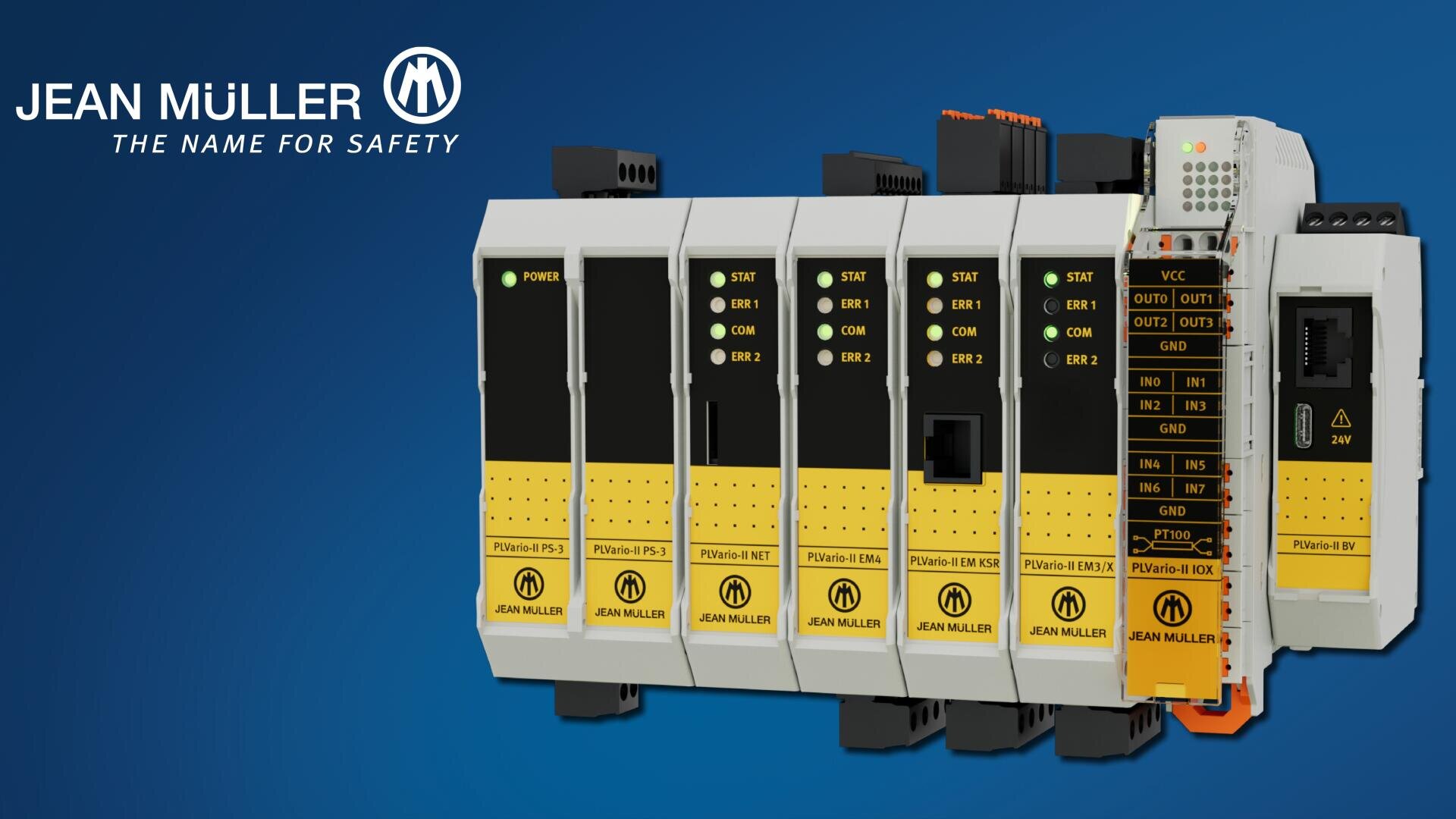 Ein modulares industrielles Steuergerät mit gelben und schwarzen Feldern ist auf blauem Hintergrund abgebildet. Das JEAN MÜLLER-Logo und der Slogan THE NAME FOR SAFETY sind in der oberen linken Ecke zu sehen.