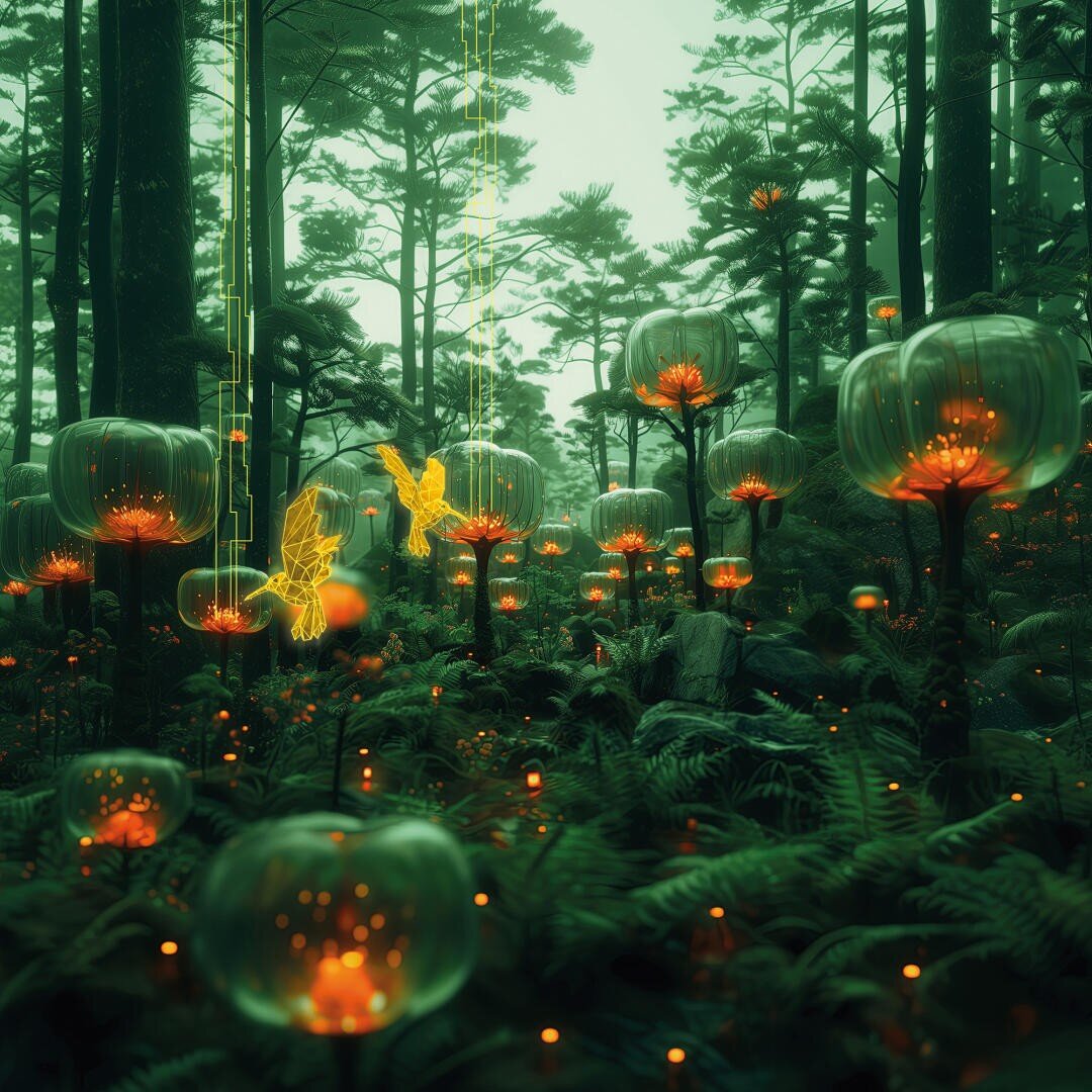 Leuchtend orangefarbene Blumen und Farne füllen einen nebligen Wald. Zwei leuchtende, gelbe, feenhafte Gestalten schweben zwischen den Pflanzen und schaffen eine magische, ätherische Atmosphäre unter hohen, schattigen Bäumen.