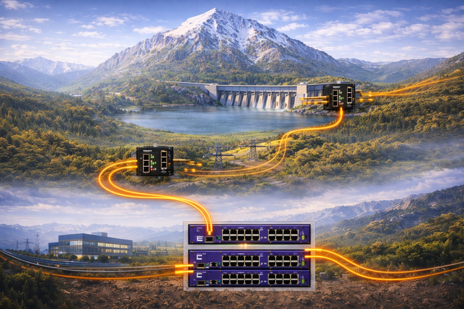 Eine malerische Landschaft mit Bergen, einem Staudamm und einem See, die durch leuchtend orangefarbene Netzwerkkabel mit industriellen Netzwerk-Switches und einem Gebäude verbunden sind, symbolisiert die technische Konnektivität in der Natur.