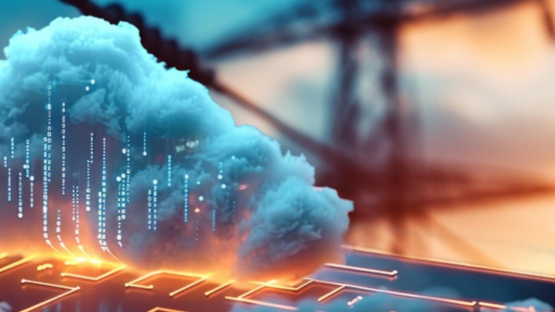 Eine digitale Wolke mit binärem Code überlagert eine leuchtende Leiterplatte, die Cloud Computing und Technologie symbolisiert, mit verschwommenen Stromleitungen im Hintergrund.