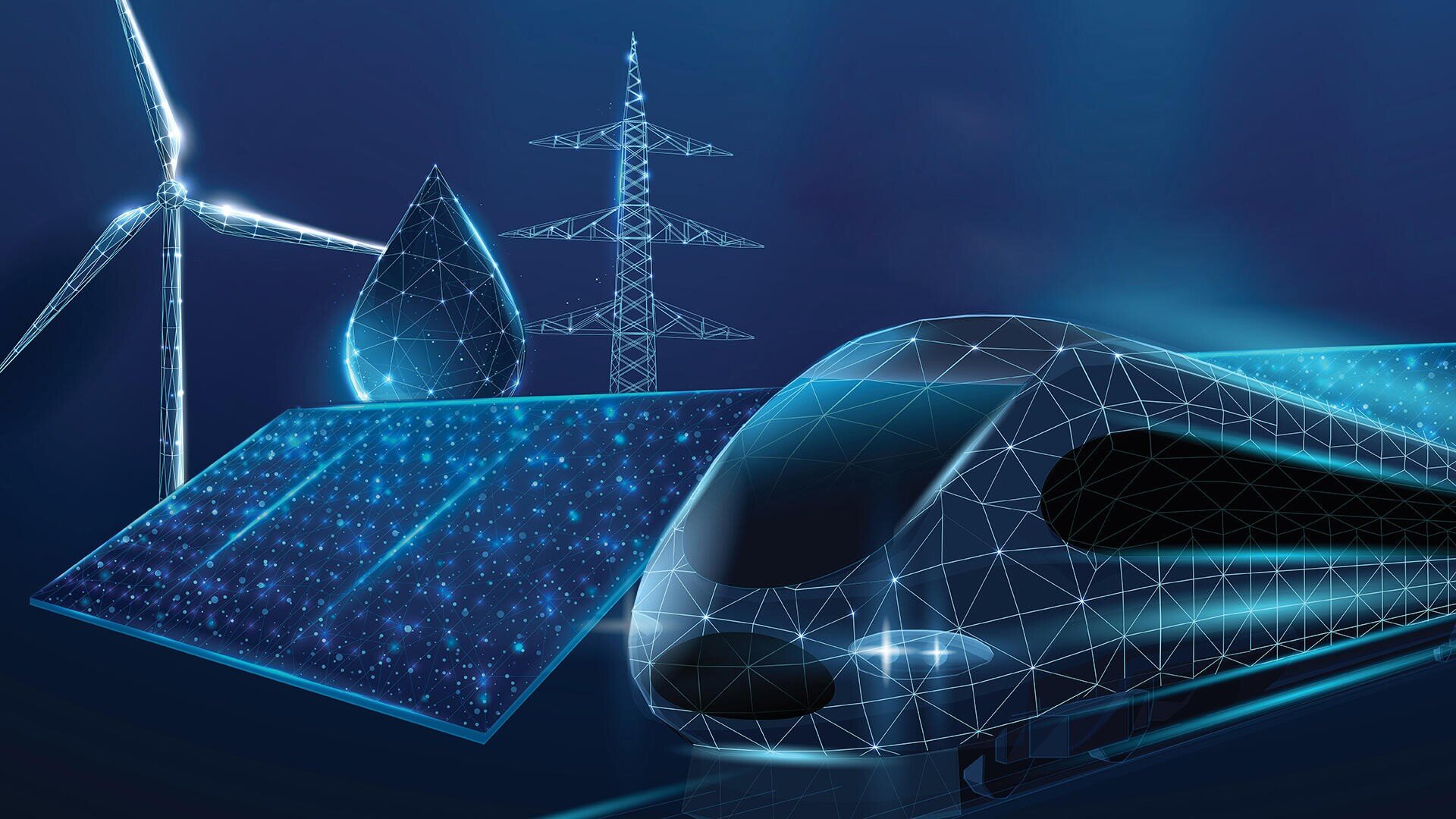 Digitale Illustration eines Hochgeschwindigkeitszugs, einer Windkraftanlage, eines Solarmoduls, eines Wassertropfens und von Stromleitungen, die alle aus leuchtend blauen Linien und Punkten bestehen und für saubere Energie und nachhaltige Technologie stehen.
