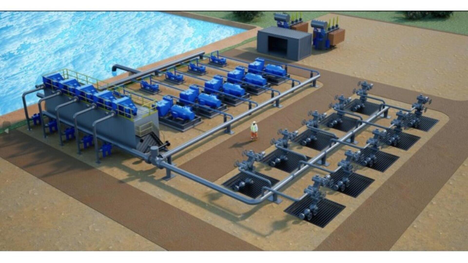 Luftaufnahme einer industriellen Wasseraufbereitungs- oder Pumpanlage mit mehreren Pumpen, Rohren und Maschinen in der Nähe eines großen Gewässers und einer Person, die zwischen den Geräten steht.