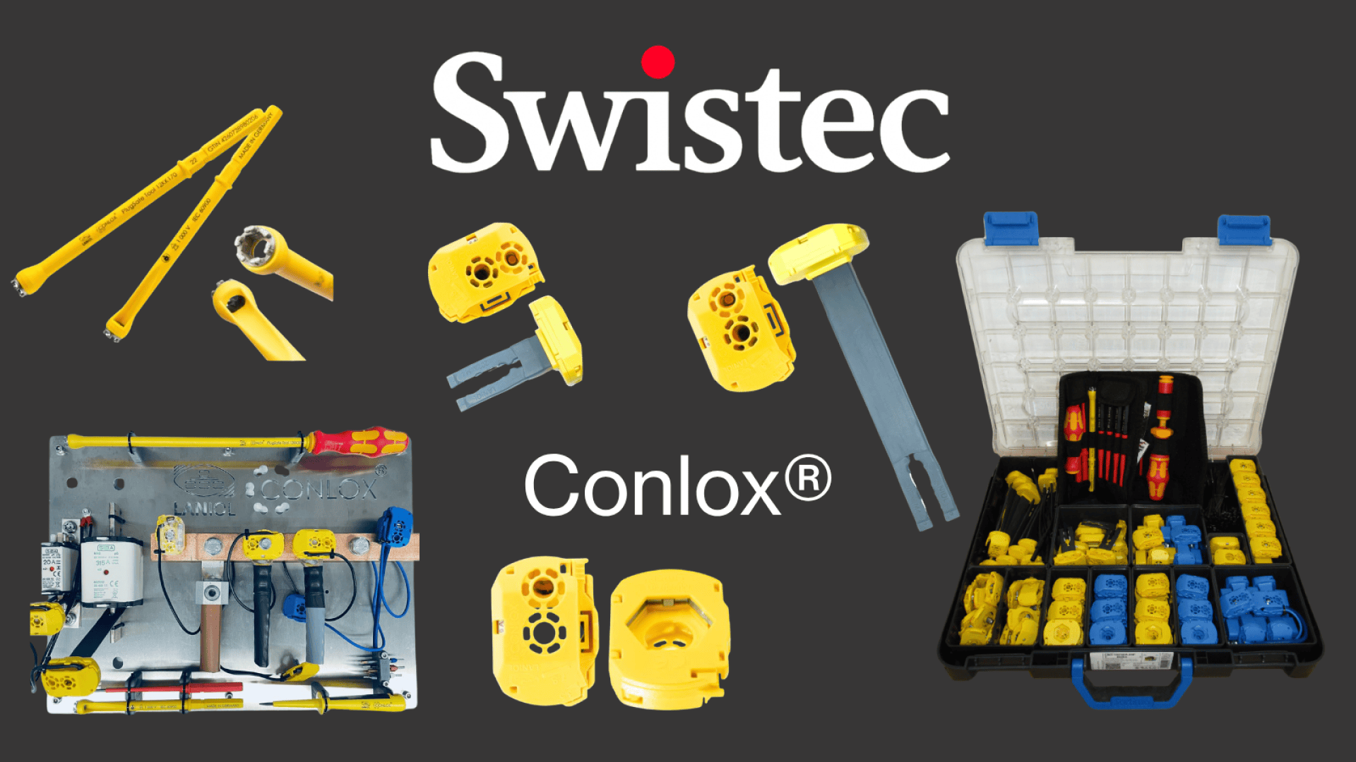Ein Werbebild für Swistec, das das Conlox-System zeigt: gelbe Werkzeuge und Komponenten, ein Werkzeugkasten und ein Schaltschrank sind auf einem dunklen Hintergrund mit den Logos von Swistec und Conlox® dargestellt.