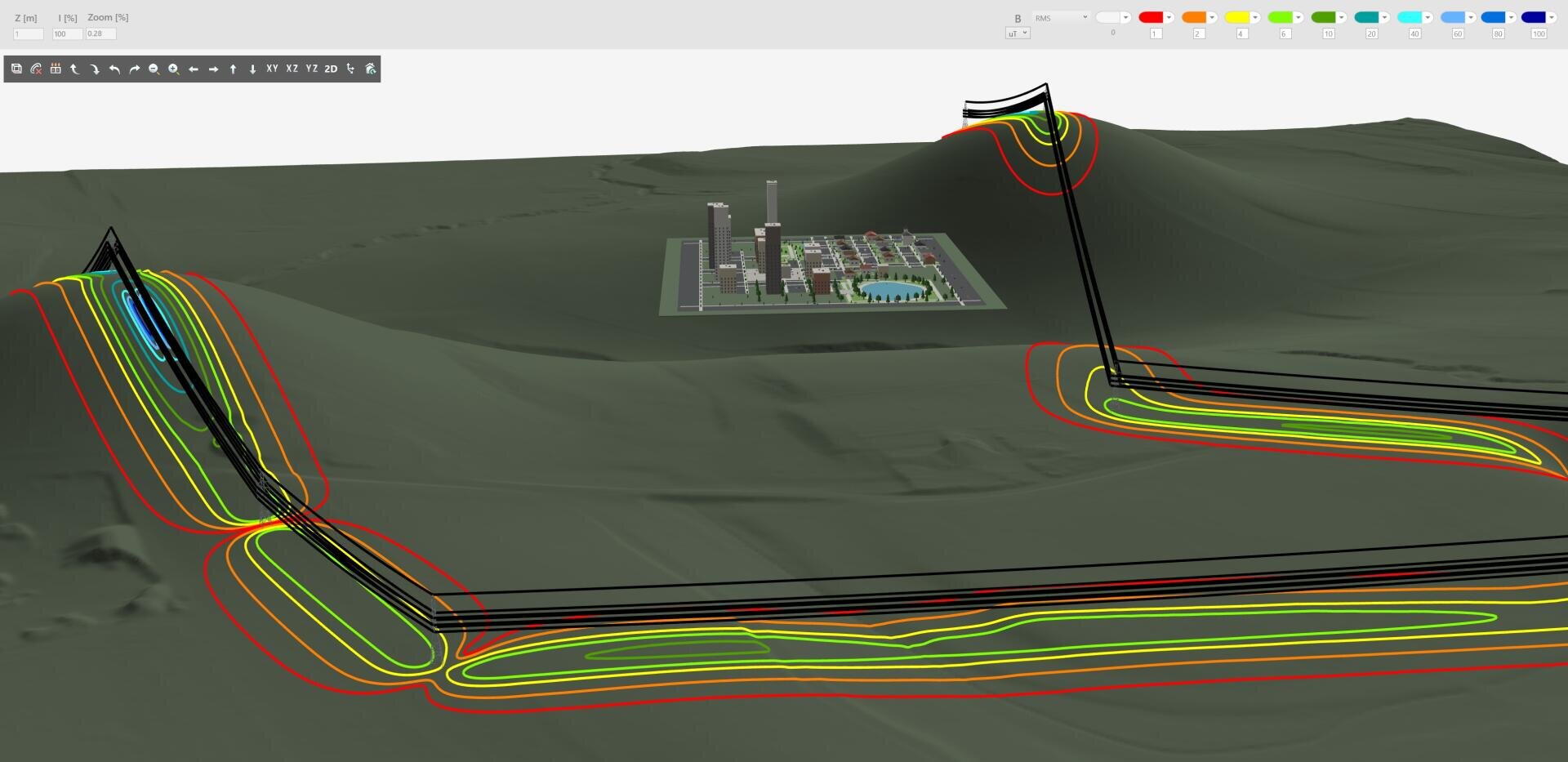 3D-gerenderte Landschaft, die ein von hügeligem Gelände umgebenes Kraftwerk zeigt, mit gewundenen farbigen Linien (schwarz, rot, gelb, grün), die Wege oder Routen über die Hügel darstellen.
