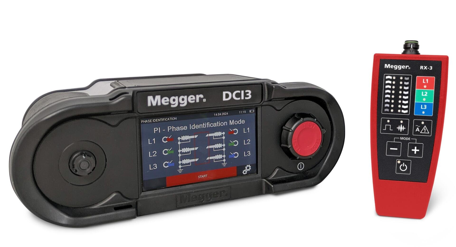 Zwei elektronische Geräte: ein schwarzes Megger DCI3-Gerät mit Farbdisplay und roter Skala und ein kleineres rotes Megger RX-3-Gerät mit Kontrollleuchten und Tasten. Beide werden für die elektrische Prüfung und Diagnose verwendet.