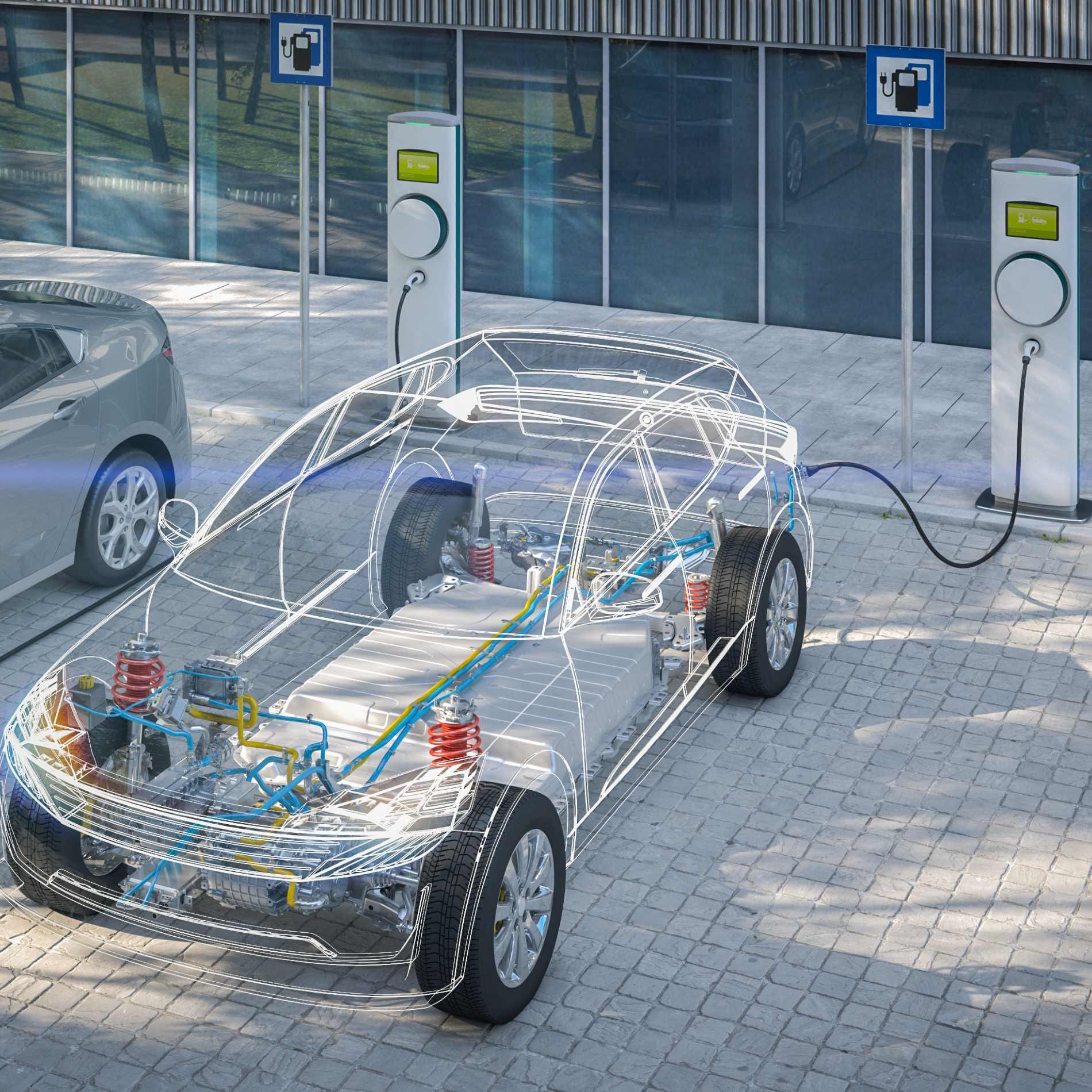 Ein transparentes E-Auto an einer Strom-Tankstellensäule (Powertage e-mobilitaet).