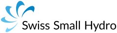 Logo von Swiss Small Hydro mit einem stilisierten blauen Wasserspritzer auf der linken Seite, gefolgt von den Worten Swiss Small Hydro in schwarzer Schrift auf weißem Hintergrund.