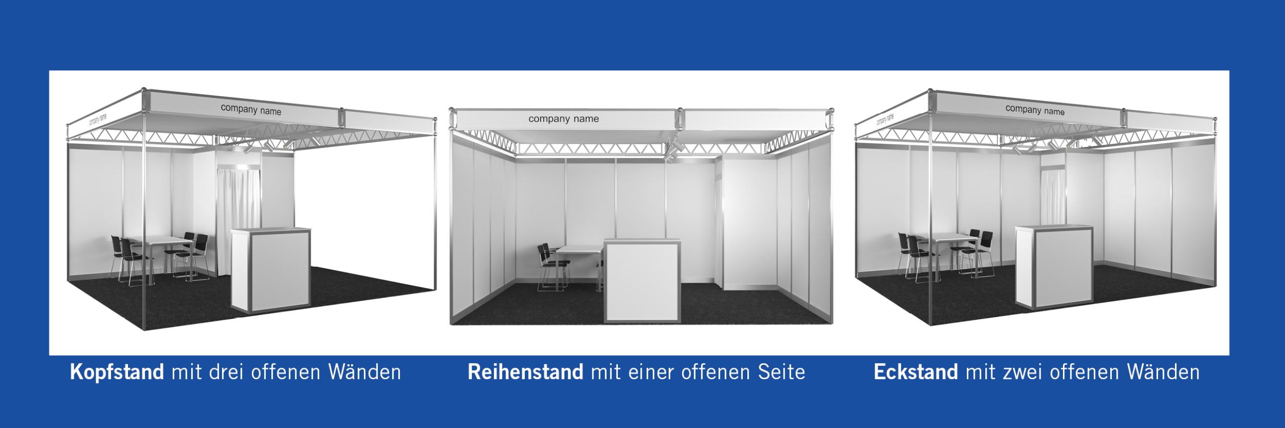Es werden drei Arten von Messeständen gezeigt: ein Kopfstand mit drei offenen Wänden, ein Reihenstand mit einer offenen Seite und ein Eckstand mit zwei offenen Seiten. Jeder Stand hat einen Tisch, Stühle und weiße Wände. Die einzelnen Typen sind mit deutschem Text beschriftet.