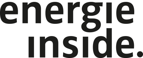 Der fette schwarze Text auf hellgrauem Hintergrund lautet "energie inside." mit "energie" in der oberen Zeile und "inside." in der unteren Zeile, beide in Kleinbuchstaben.