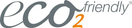 Logo featuring the words ‘eco2friendly’ in lowercase letters in grey and orange