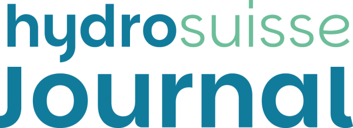 Logo featuring the words ‘hydrosuisse journal’ in blue and green lowercase letters