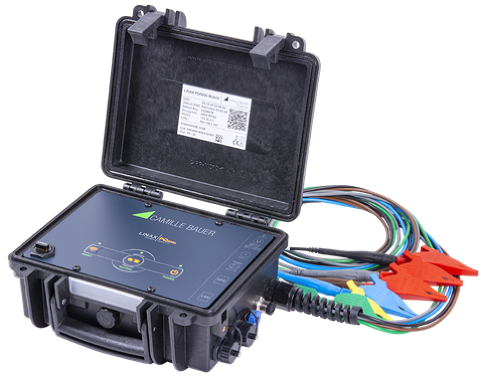 A black portable electrical measurement device with an open lid, digital display, and multiple colorful cables with alligator clips attached, used for testing or monitoring electrical systems.
